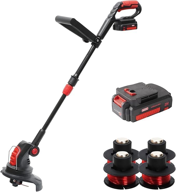 MZK 20V Cordless Electric String Trimmer - Lightweight Battery-Powered 12'' Weed Edger with 4 Replacement Spools, 8000 RPM, 5.1lb, Battery and Charger Included