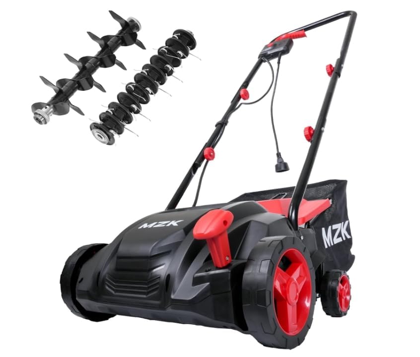 MZK 13-Inch 2-in-1 Electric Dethatcher and Scarifier with 4-Position Height Adjustment and 8-Gallon Thatch Collection Bag for a Healthy Lawn