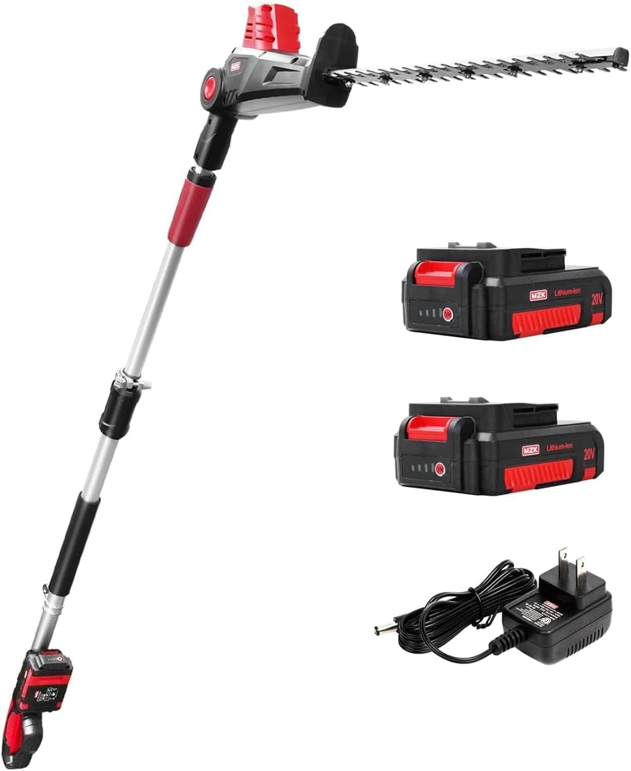 MZK Cordless Pole Hedge Trimmer Attachment - 20V MAX with 23-Inch Reach, 8-Feet Extension, Multi-Angle, Includes Two Batteries and Charger