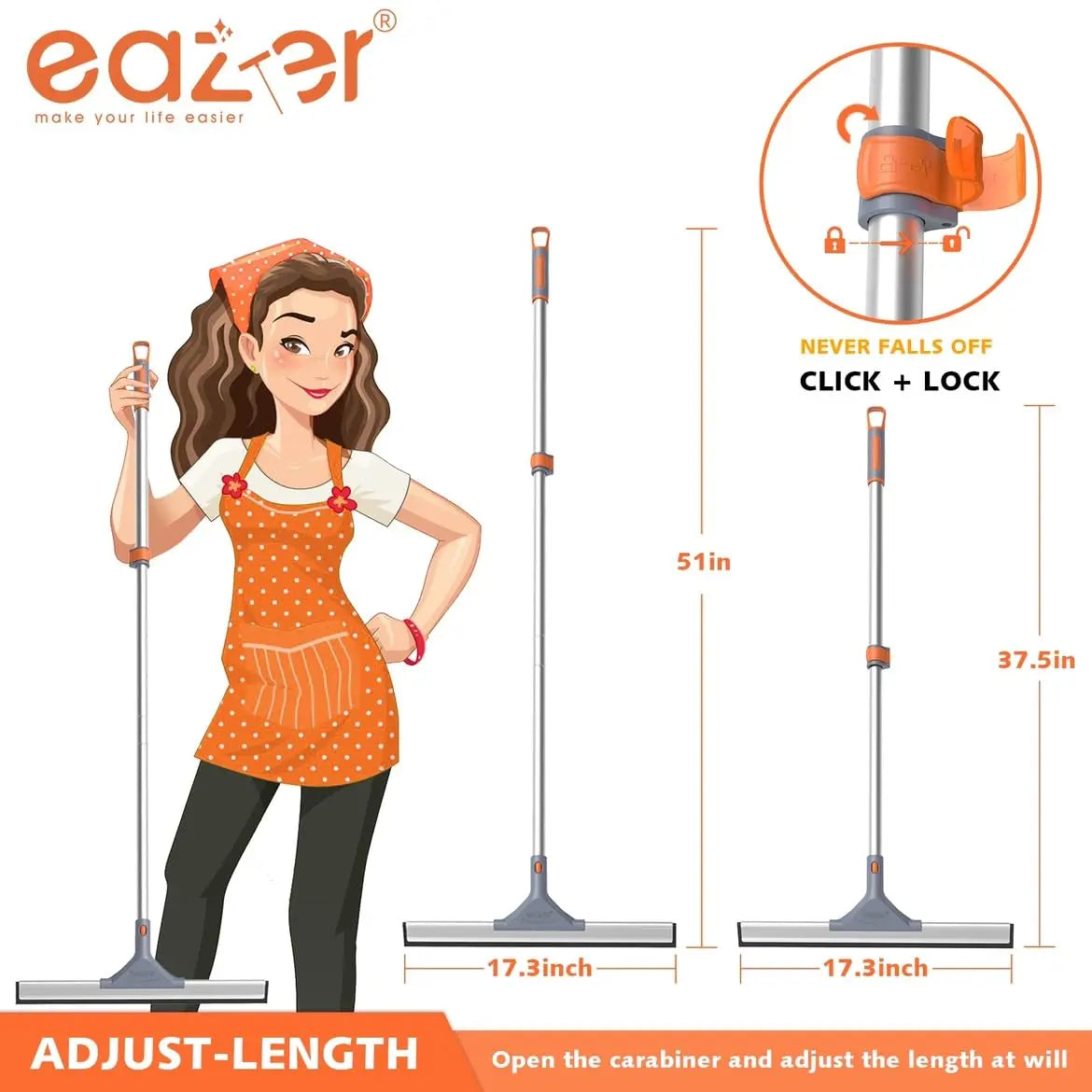 Eazer Heavy Duty Floor Squeegee Broom with Extendable 50.3'' Aluminum Pole and Rubber Blade for Efficient Cleaning of Kitchens, Swimming Pools, Concrete Floors, Showers, Tiles, Garages, Windows, Glass, and Pet Hair Removal