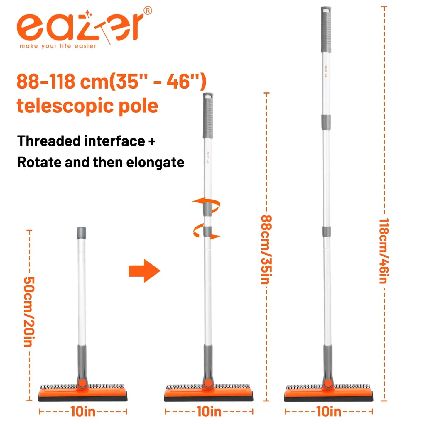 Eazer 46'' Professional Window Cleaner Tool - 2-in-1 Rotatable Squeegee with Adjustable Extension Pole for Effortless Window and Shower Cleaning