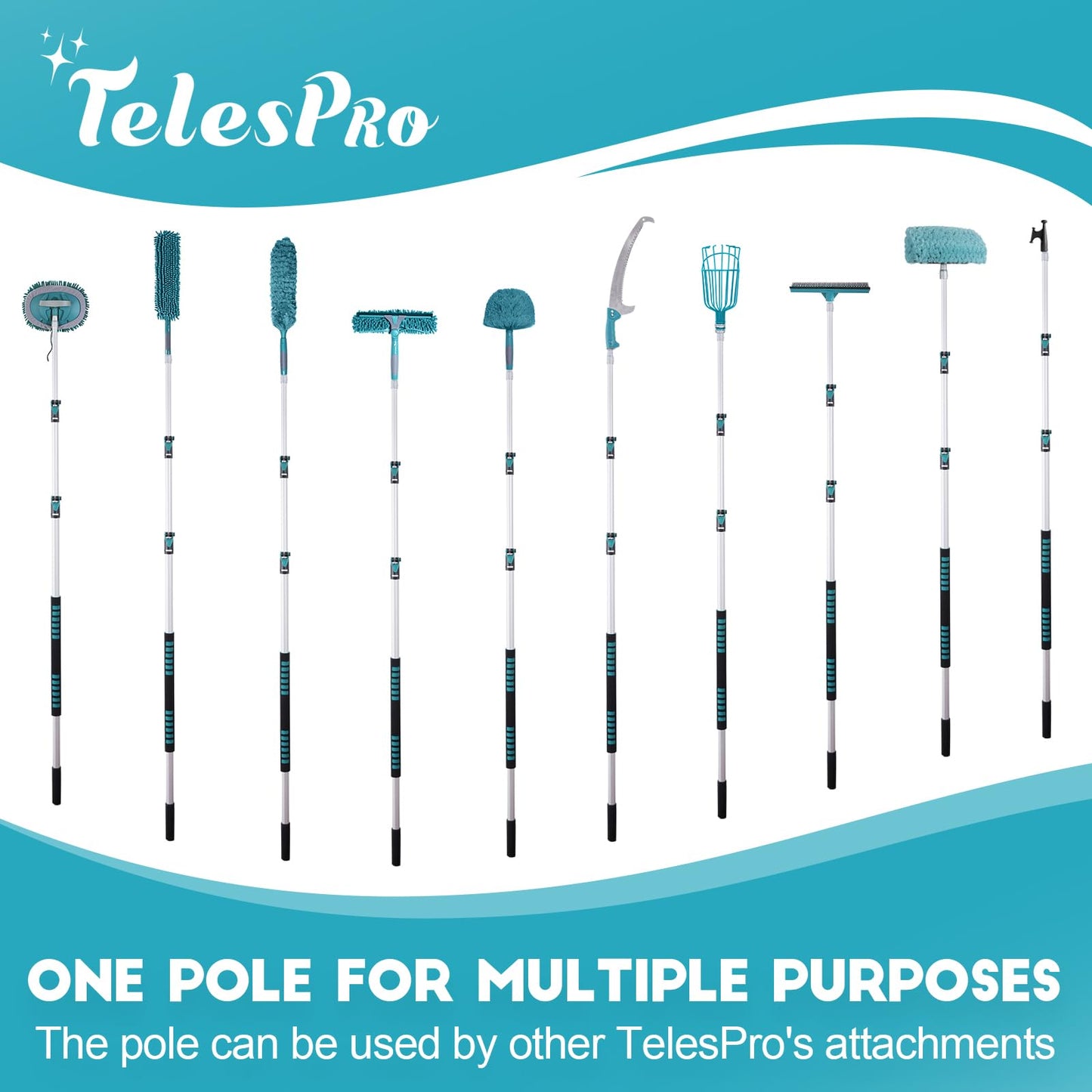 TelesPro 20 Feet Reach Window Squeegee with 5-12Ft Extension Pole, 3-Stage Telescoping Window Cleaner Tool, Rotatable Head Window Cleaning Kit with 2 Squeegees & 2 Microfibre Cloths