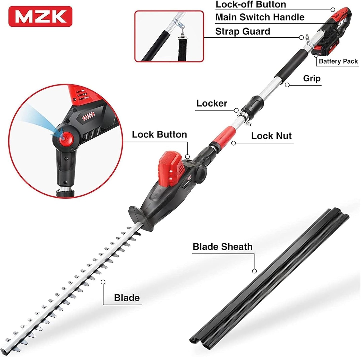 MZK Cordless Pole Hedge Trimmer Attachment - 20V MAX with 23-Inch Reach, 8-Feet Extension, Multi-Angle, Includes Two Batteries and Charger
