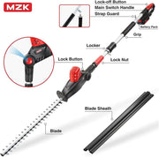 MZK Cordless Pole Hedge Trimmer Attachment - 20V MAX with 23-Inch Reach, 8-Feet Extension, Multi-Angle, Includes Two Batteries and Charger