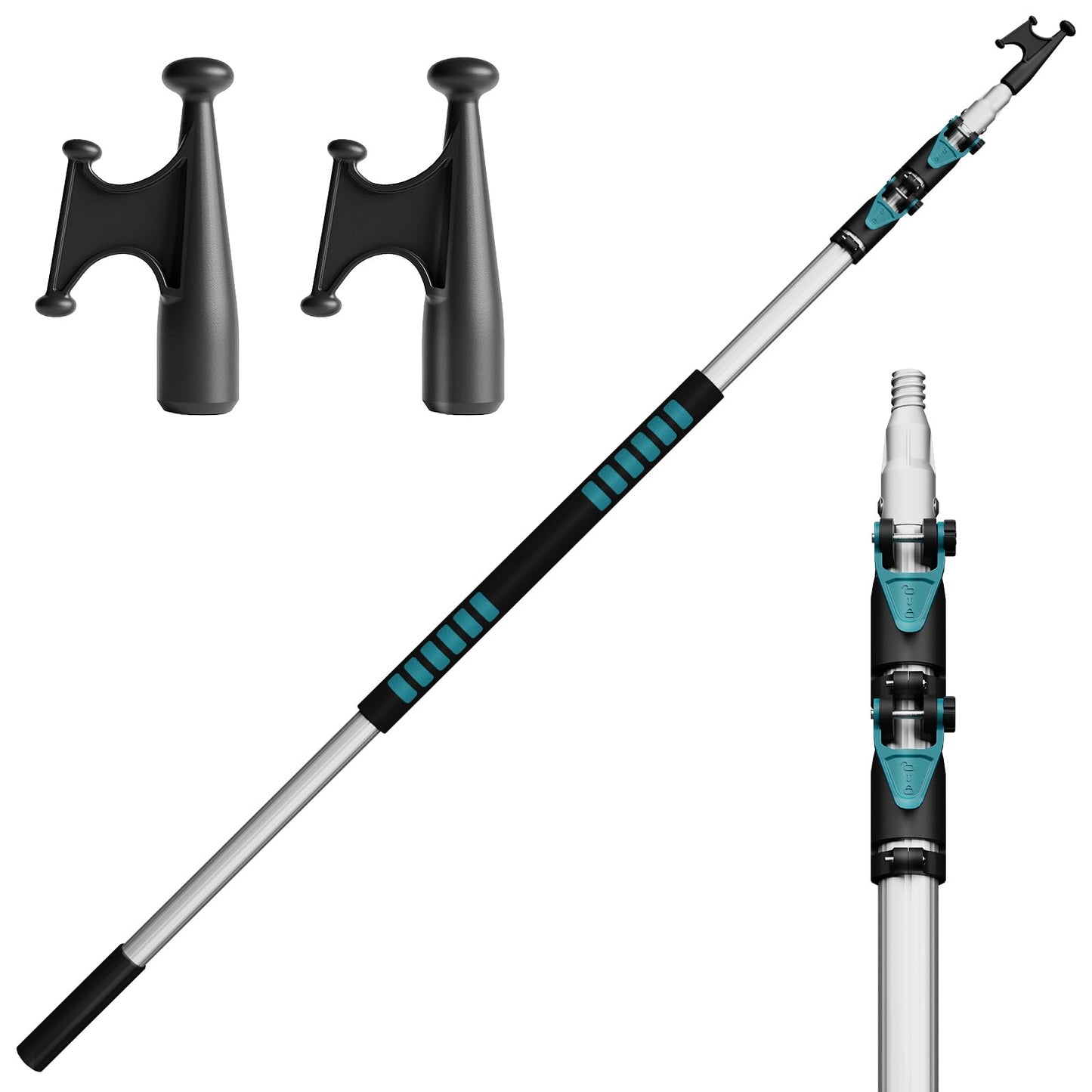 TelesPro Telescopic Aluminum Pole with Boat Hook - 5-12FT 3-Stage with Dual Nylon Heads