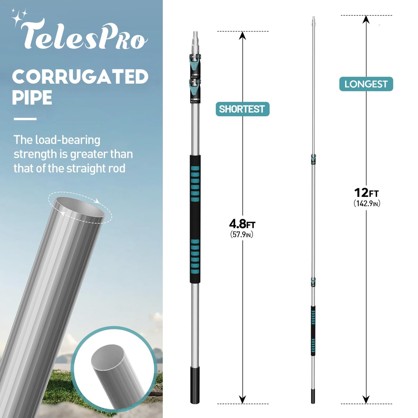 TelesPro Telescopic Aluminum Pole with Boat Hook - 5-12FT 3-Stage with Dual Nylon Heads