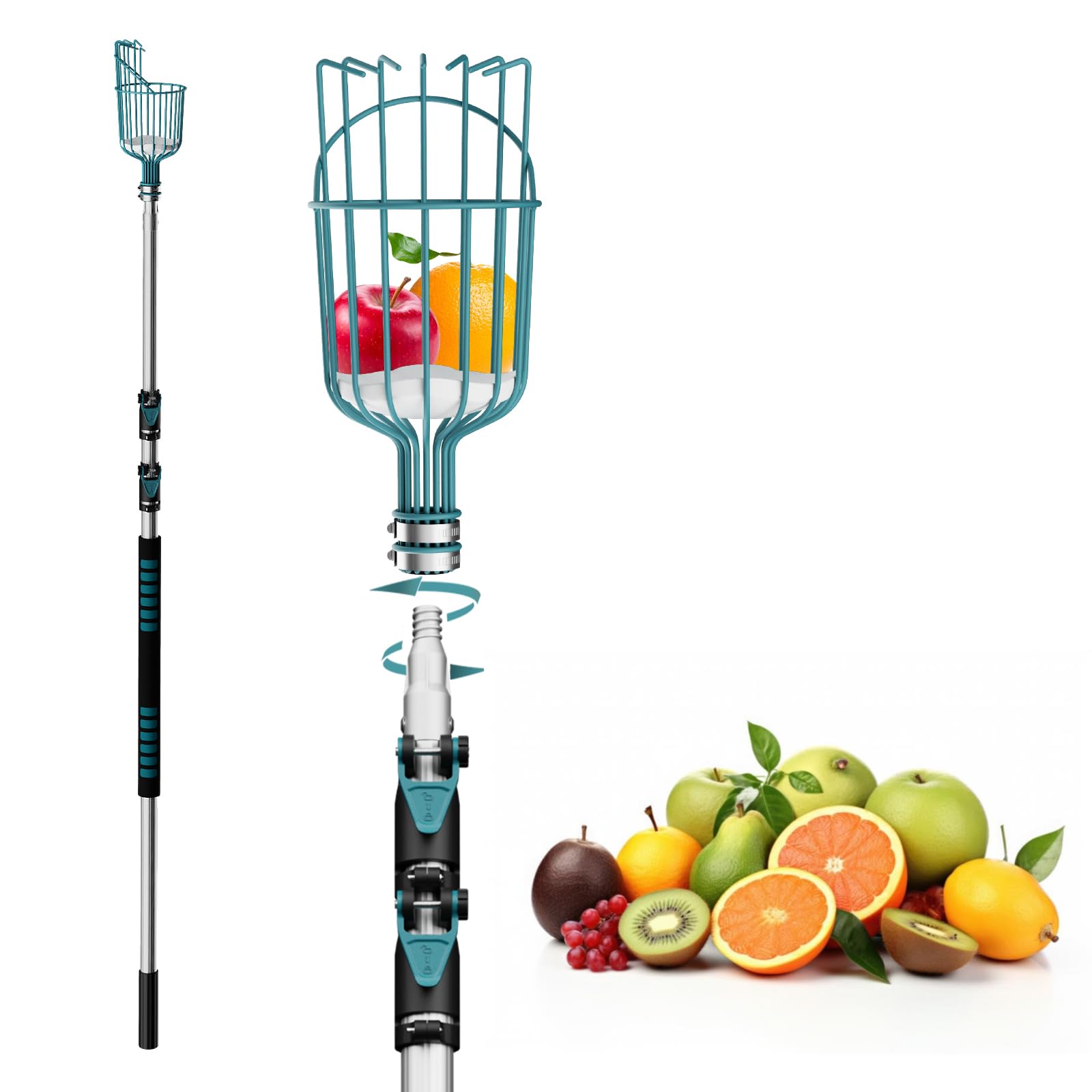 Telespro 12FT Telescoping Fruit Picker - 20+ Foot Reach, Lightweight Aluminum Extension Pole with Easy Attach Twist-On Apple Basket, Durable Fruit Picking Tool