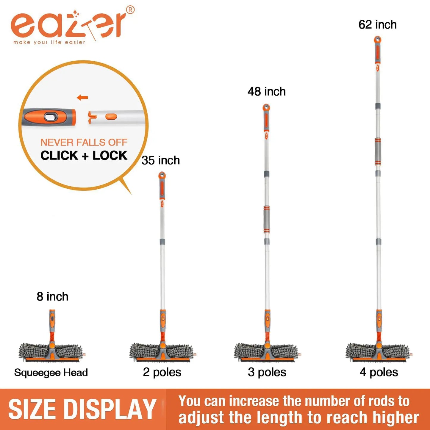 Eazer Window Cleaner Squeegee Kit with 62'' Extension Pole and Bendable Head - 2 in 1 Home & Car Glass Cleaning Tool with 4 Pads