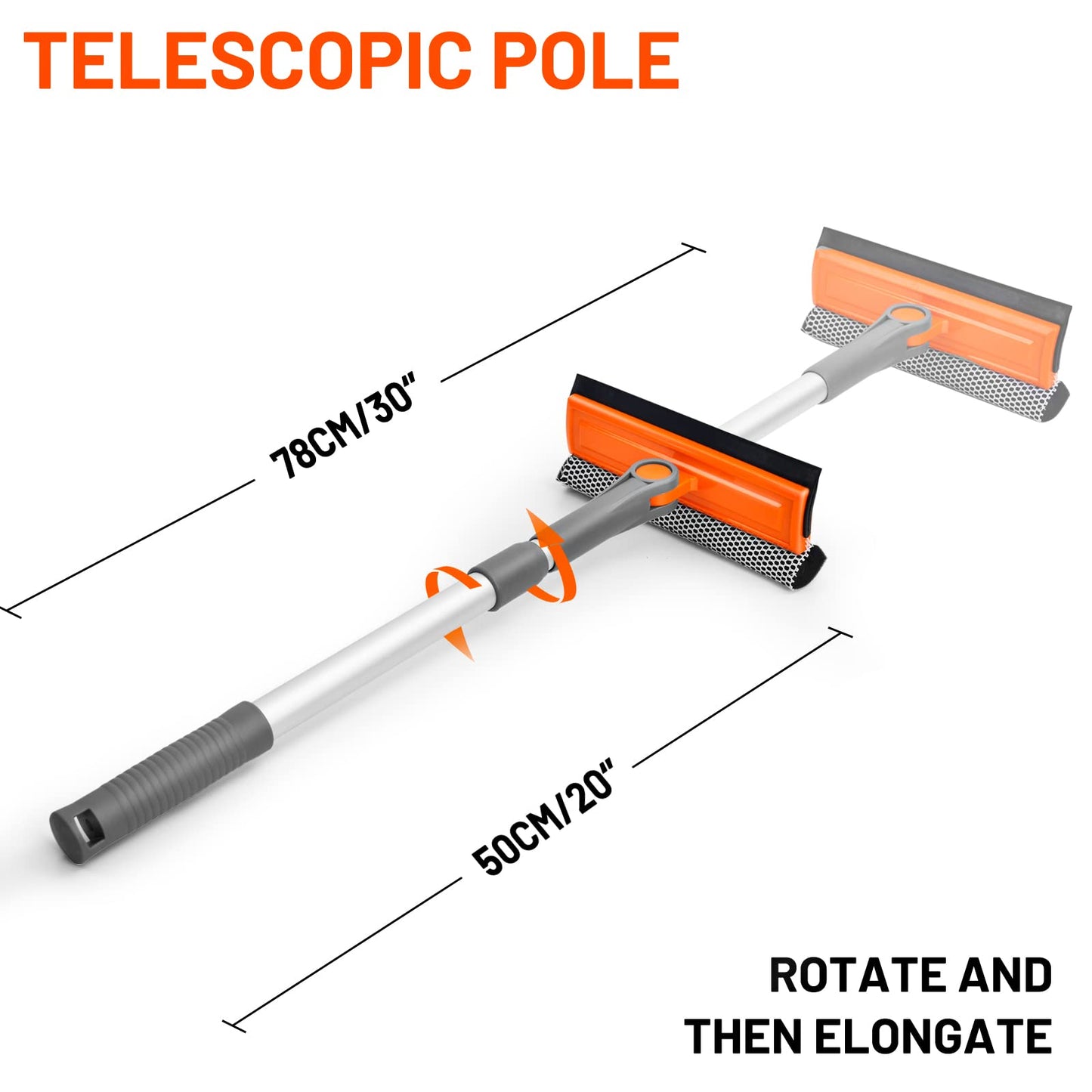 eazer Professional Window Squeegee - 2-in-1 Rotatable Window Cleaning Tool with Extension Pole (20''-30'') for Shower and Windshield Cleaning