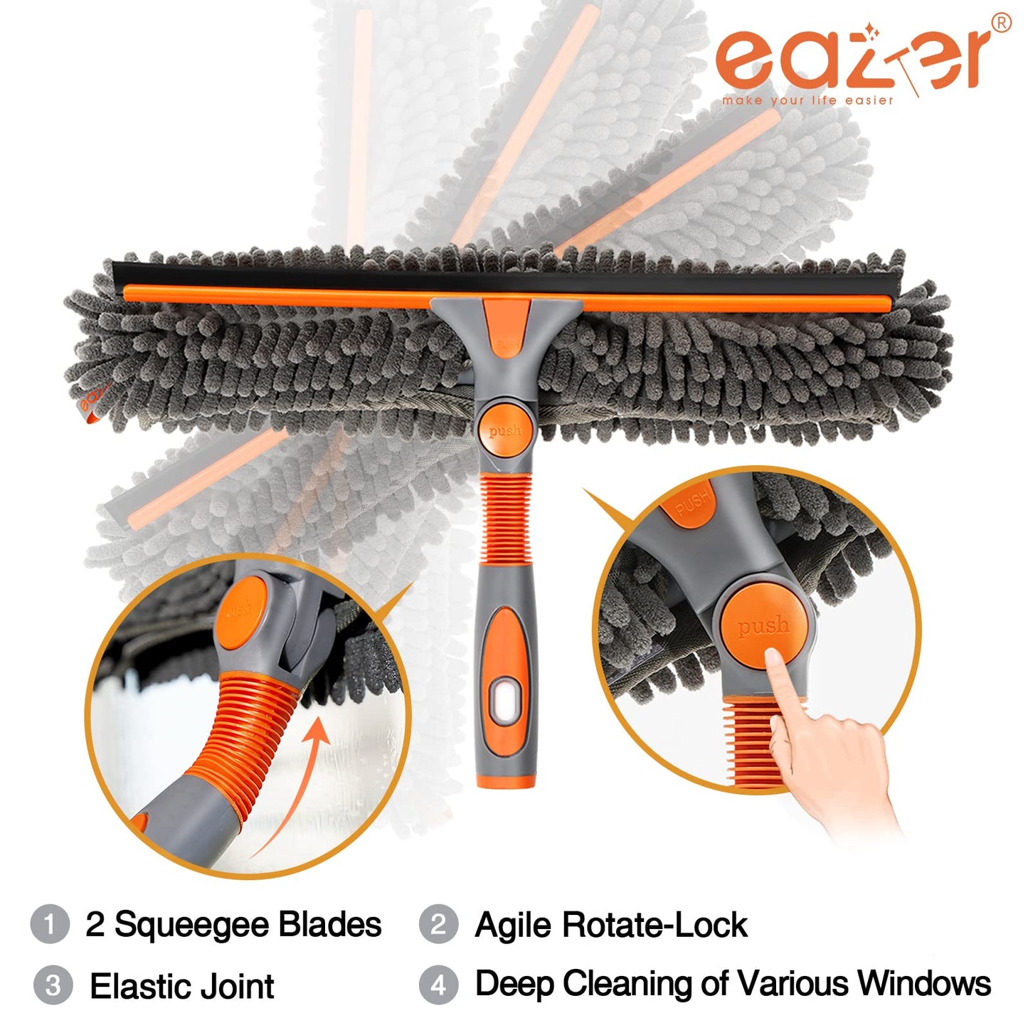 Eazer Window Squeegee and Scrubber Combo Tool Kit - 10.5/14-Inch Adjustable Head with Rubber Squeegee, Chenille and Microfiber Cloth - Pole Not Included