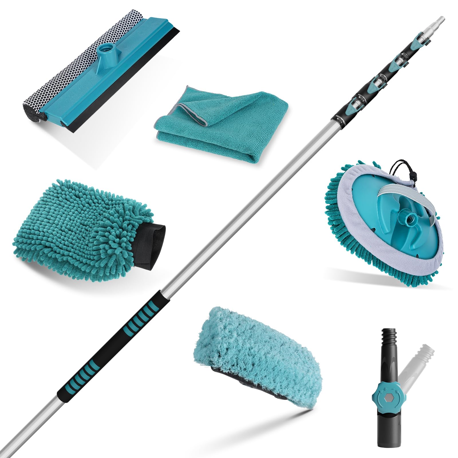 TelesPro Telescoping Extension Pole with Car Wash Brush and 3 Replaceable Heads 7-30FT