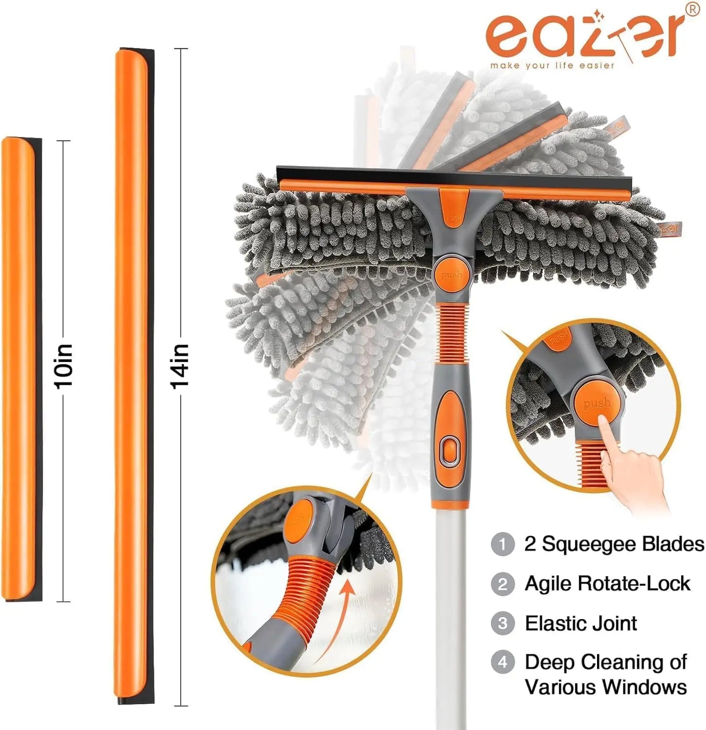Eazer 2-in-1 Window Cleaner Tool with 64'' Squeegee and Telescopic Pole - Rotatable Bendable Head Window Washing Kit