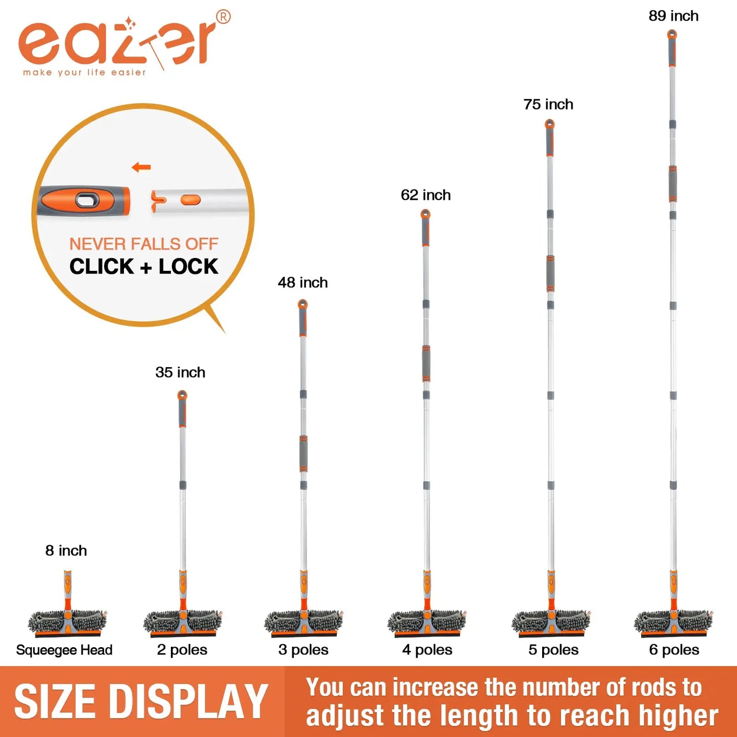 Eazer 2-in-1 Window Cleaner Tool Kit with 89'' Rotatable Squeegee, Extension Pole, and Bendable Head for Indoor/Outdoor Use and Car Glass