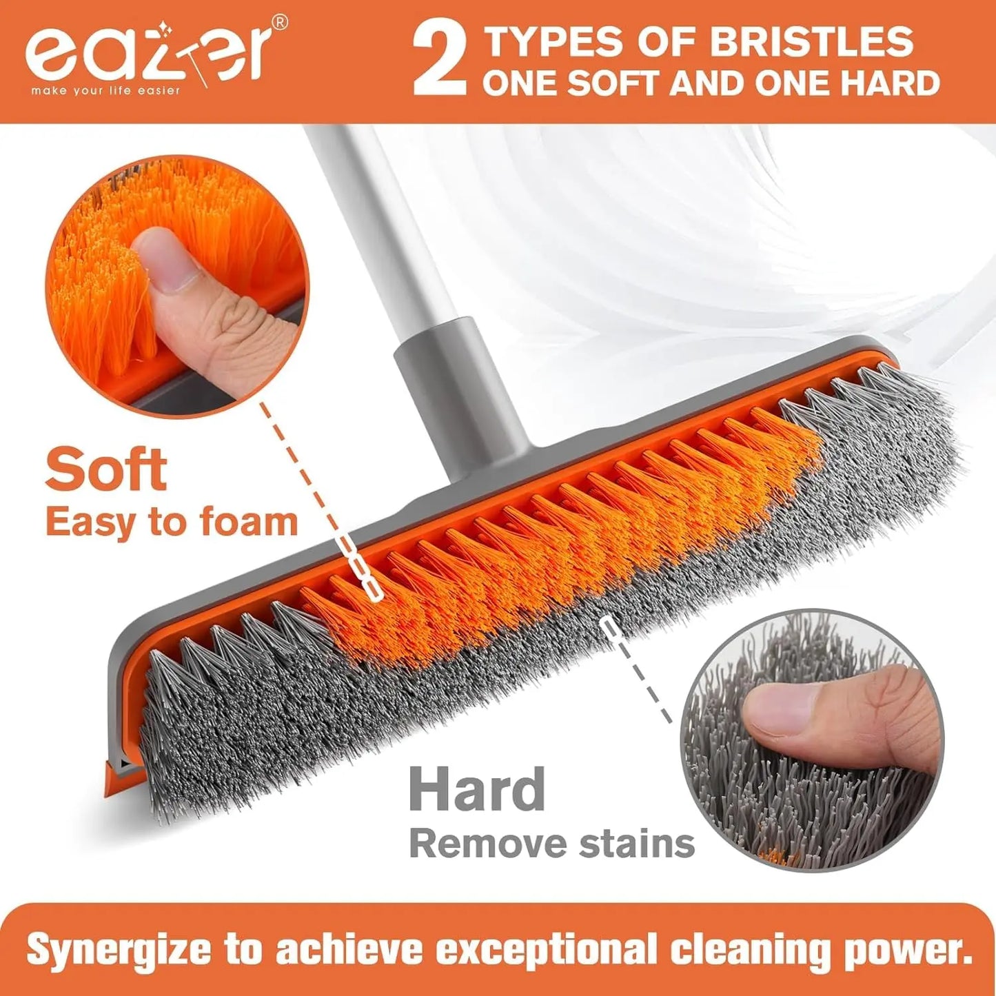 Eazer 2-in-1 Floor Scrubber Brush - Versatile Soft & Hard Bristle Cleaning Brush for Concrete, Tile, Bathroom, Garage, Kitchen, Wall, and Pool