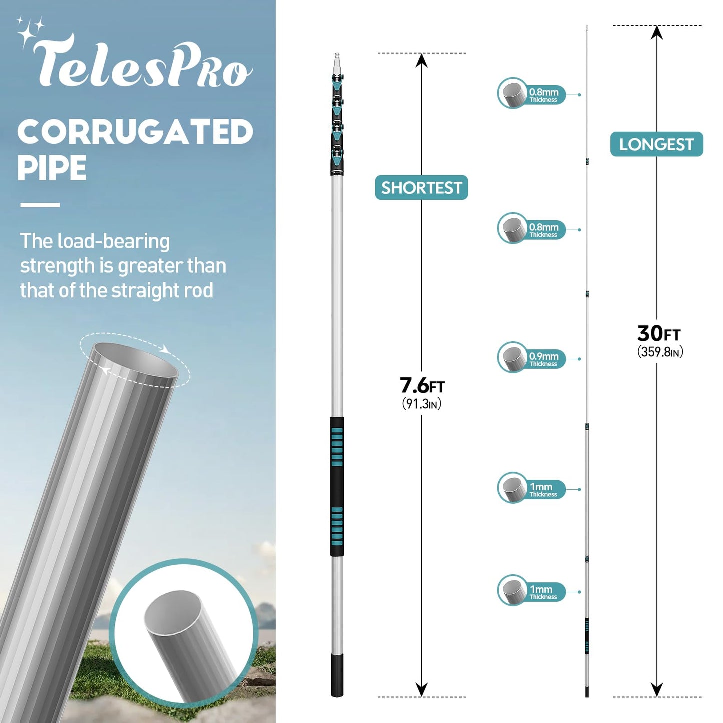 TelesPro Telescoping Extension Pole with Car Wash Brush and 3 Replaceable Heads 7-30FT