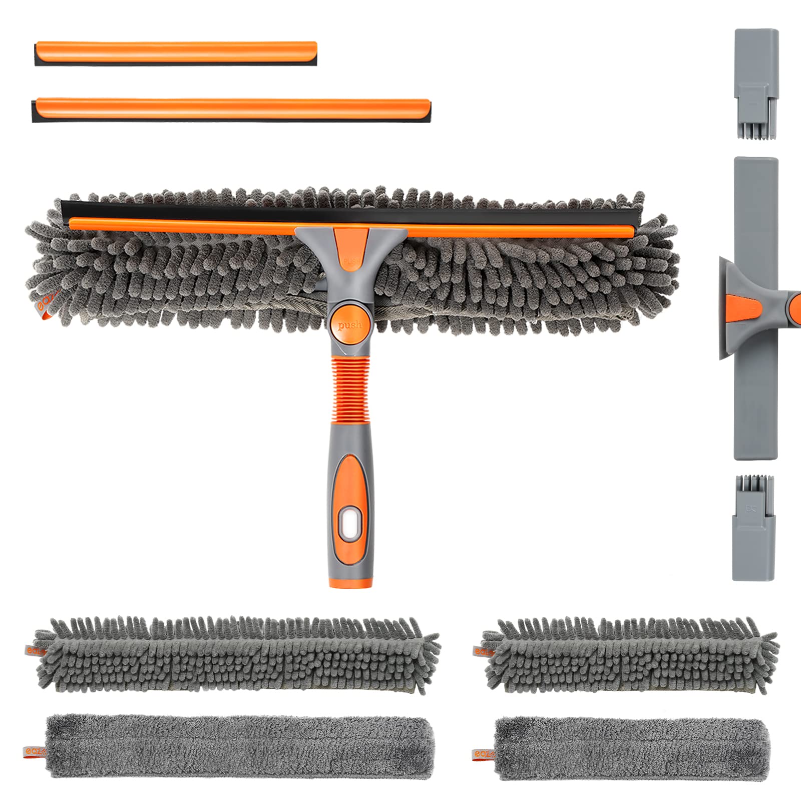 Eazer Window Squeegee and Scrubber Combo Tool Kit - 10.5/14-Inch Adjustable Head with Rubber Squeegee, Chenille and Microfiber Cloth - Pole Not Included