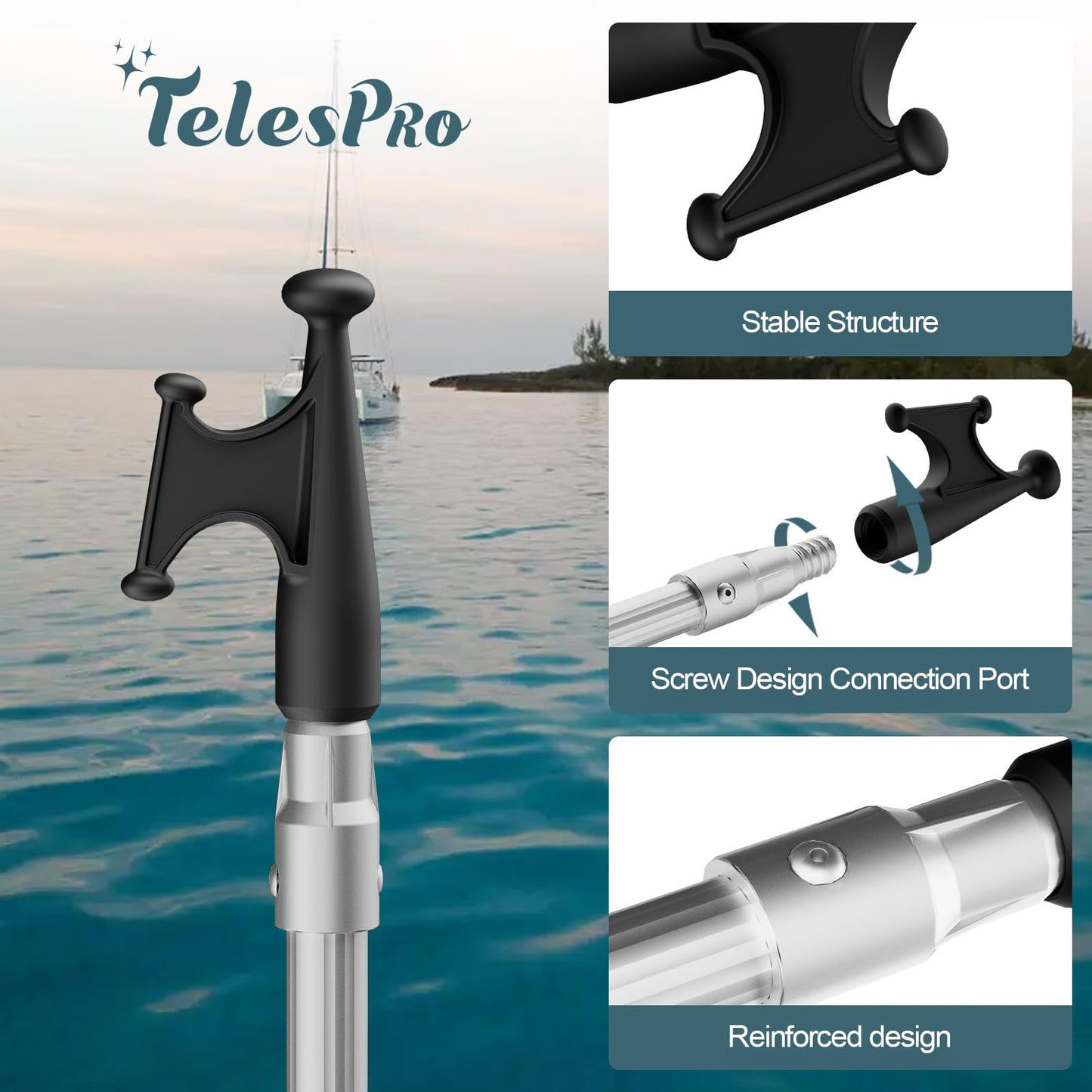 TelesPro Telescopic Aluminum Pole with Boat Hook - 5-12FT 3-Stage with Dual Nylon Heads