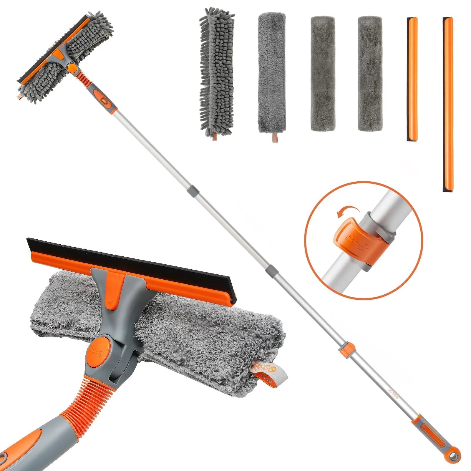 Eazer 2-in-1 Window Cleaner Tool with 64'' Squeegee and Telescopic Pole - Rotatable Bendable Head Window Washing Kit