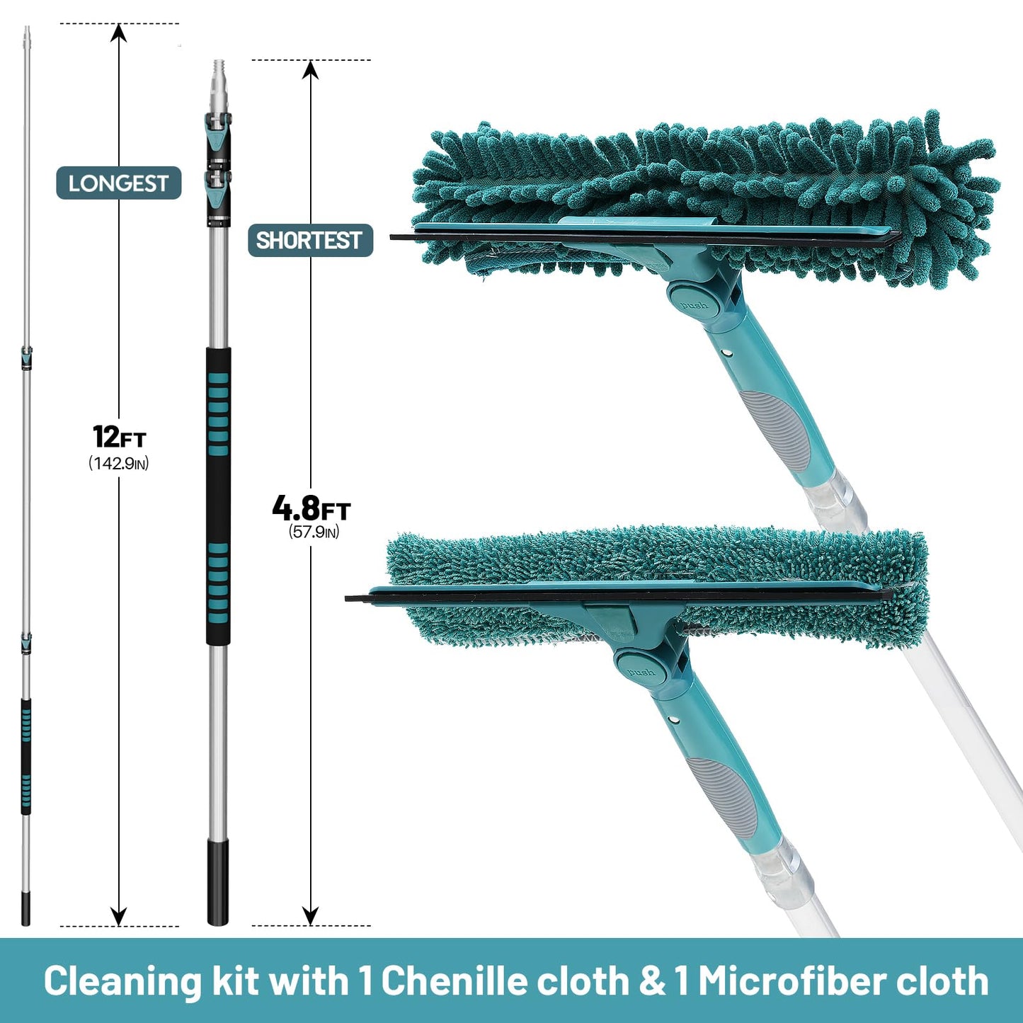 TelesPro 20 Feet Reach Window Squeegee with 5-12Ft Extension Pole, 3-Stage Telescoping Window Cleaner Tool, Rotatable Head Window Cleaning Kit with 2 Squeegees & 2 Microfibre Cloths