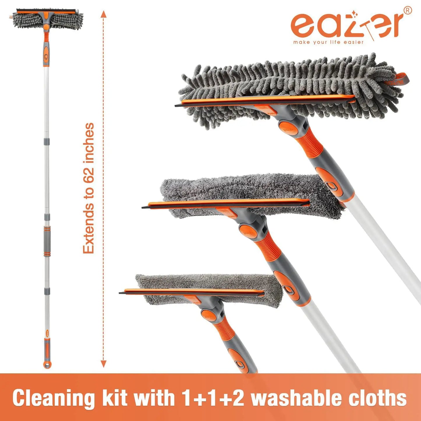 Eazer Window Cleaner Squeegee Kit with 62'' Extension Pole and Bendable Head - 2 in 1 Home & Car Glass Cleaning Tool with 4 Pads
