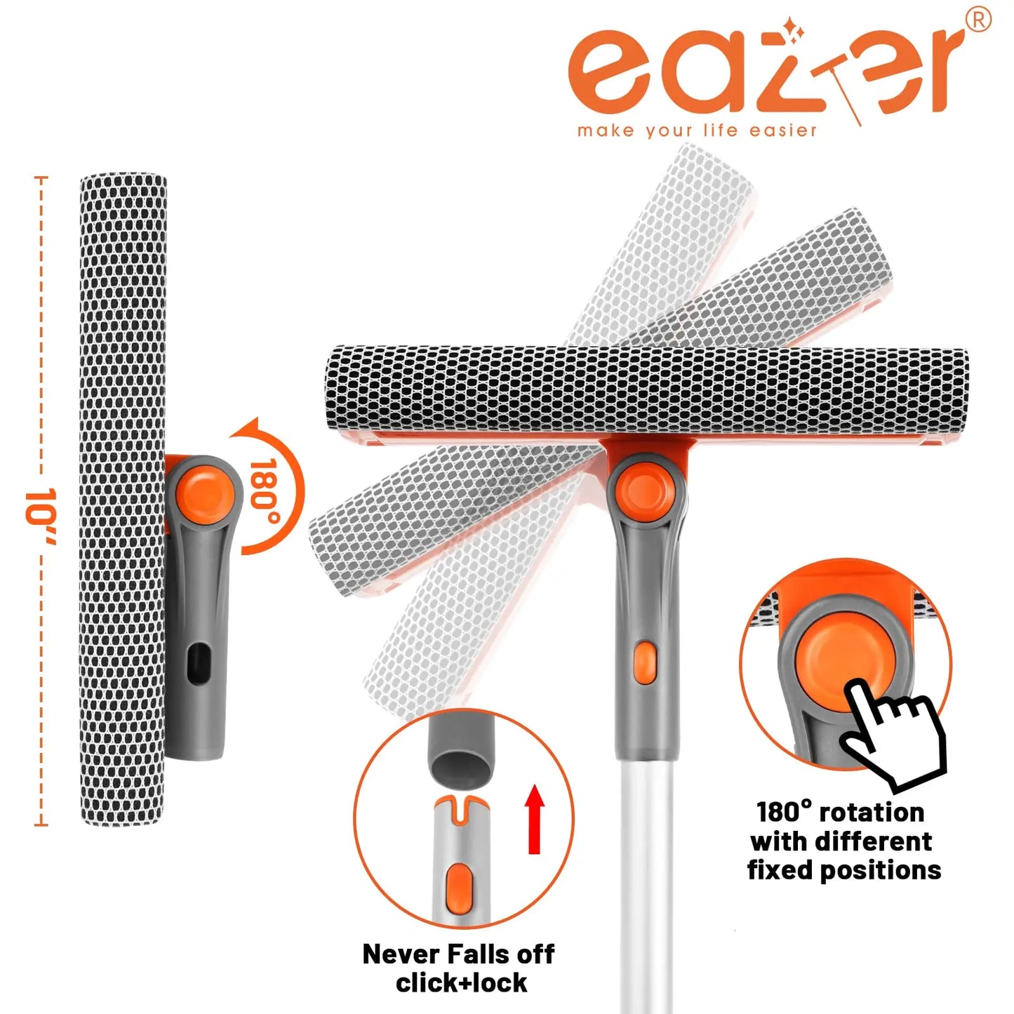 Eazer 46'' Professional Window Cleaner Tool - 2-in-1 Rotatable Squeegee with Adjustable Extension Pole for Effortless Window and Shower Cleaning