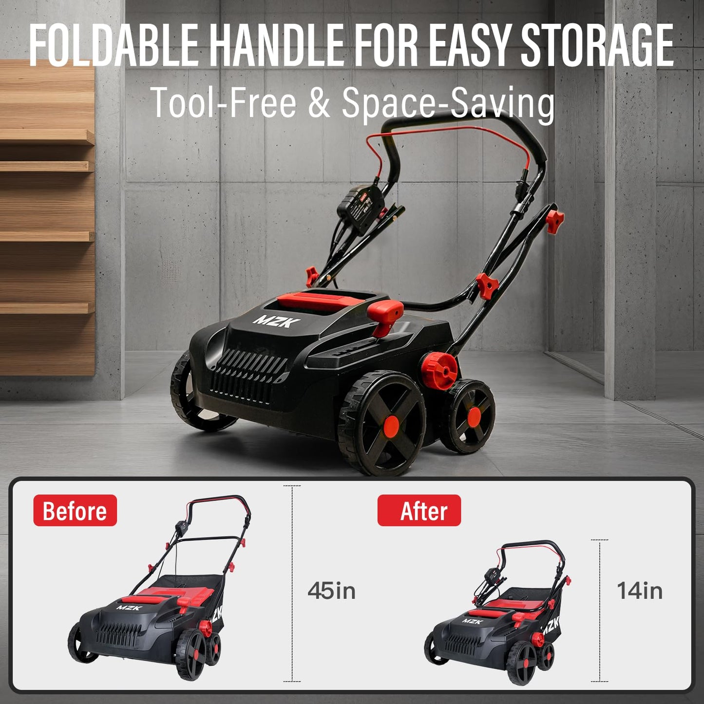 MZK 15-Inch 2-in-1 Electric Dethatcher and Scarifier with Removable 5-Position Height Adjustment and 12-Gallon Thatch Collection Bag for Healthy Lawns (DS15A06)