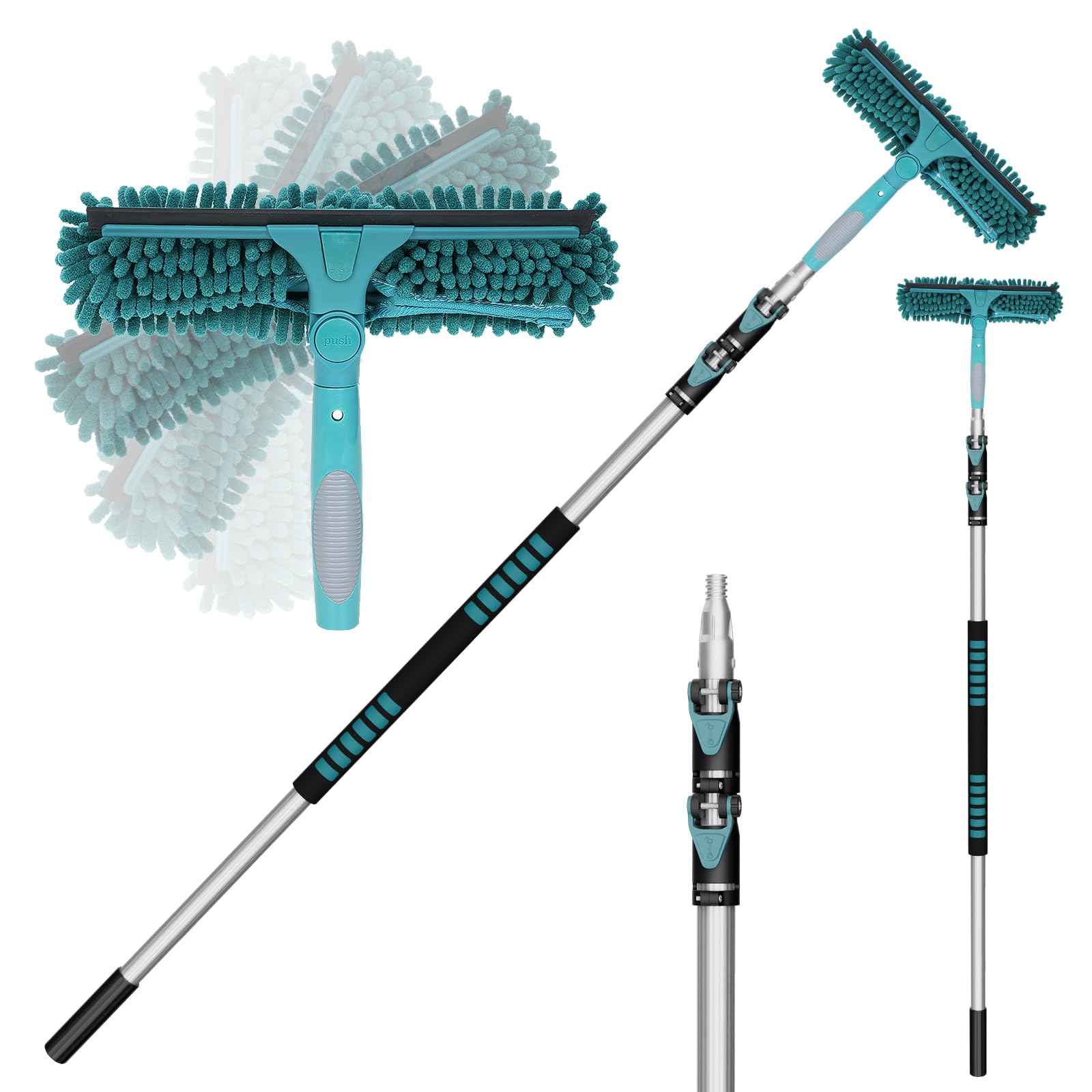 TelesPro 20 Feet Reach Window Squeegee with 5-12Ft Extension Pole, 3-Stage Telescoping Window Cleaner Tool, Rotatable Head Window Cleaning Kit with 2 Squeegees & 2 Microfibre Cloths