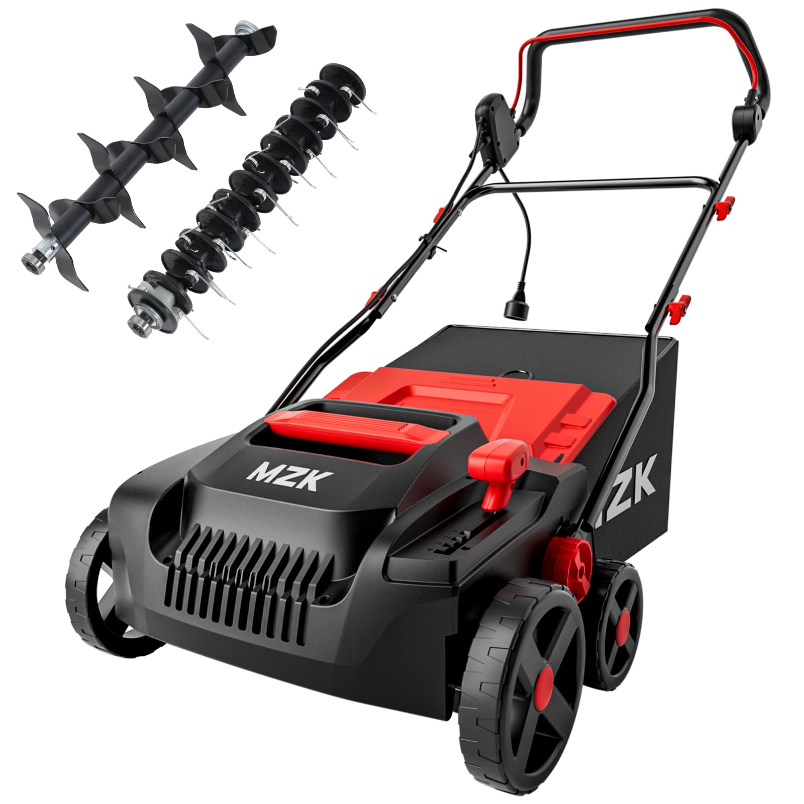 MZK 15-Inch 2-in-1 Electric Dethatcher and Scarifier with Removable 5-Position Height Adjustment and 12-Gallon Thatch Collection Bag for Healthy Lawns (DS15A06)