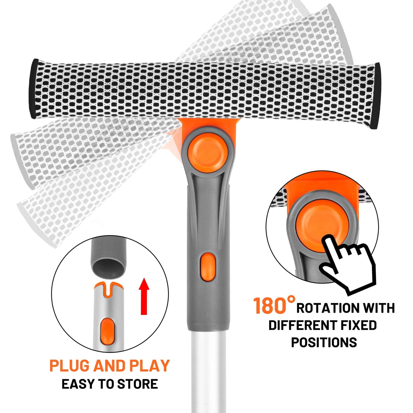 eazer Professional Window Squeegee - 2-in-1 Rotatable Window Cleaning Tool with Extension Pole (20''-30'') for Shower and Windshield Cleaning