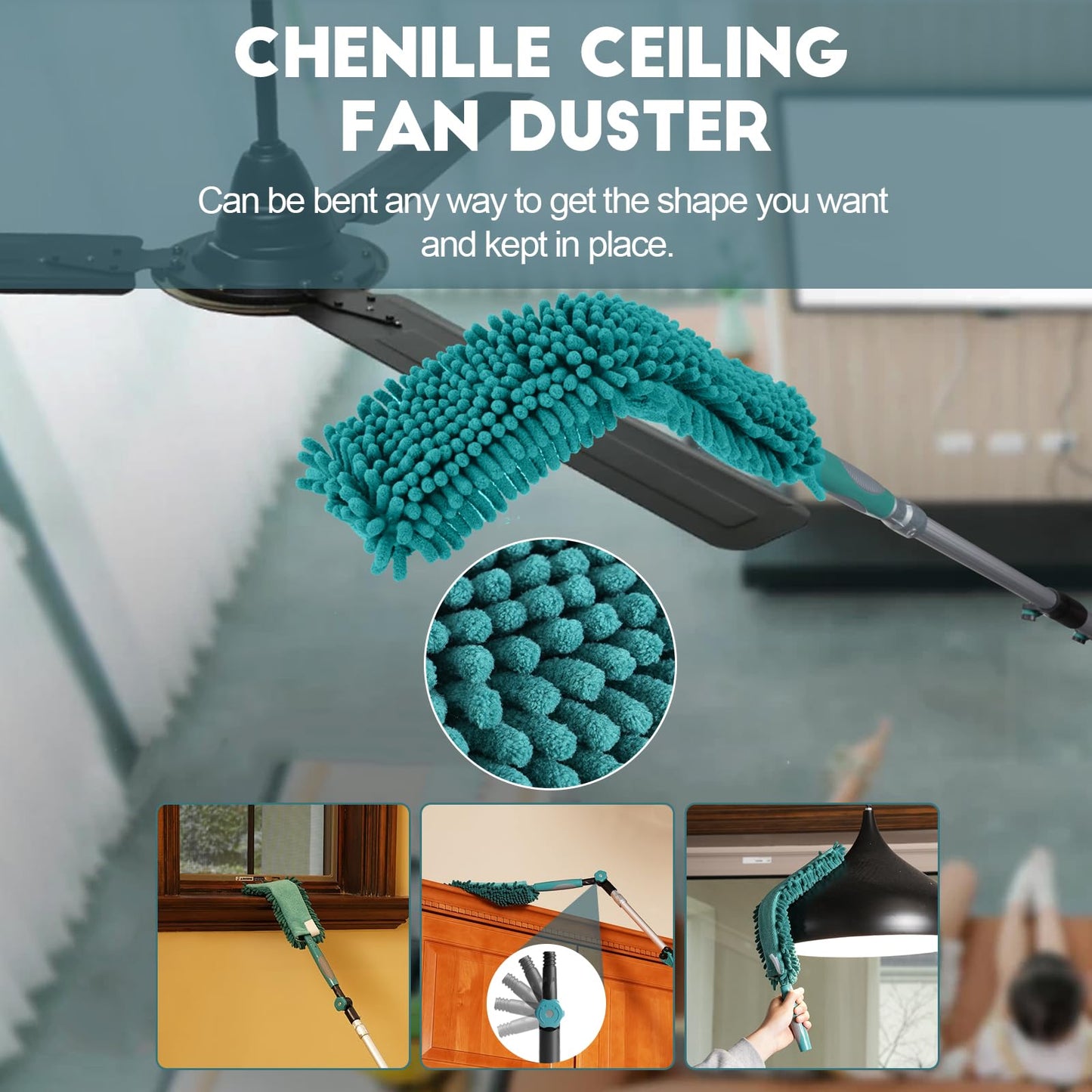 TelesPro 20 Foot High-Reach Duster Kit - 5-12FT Extendable Pole, Cobweb Duster, Chenille Ceiling Fan Duster, Microfiber Feather Duster for High Ceilings