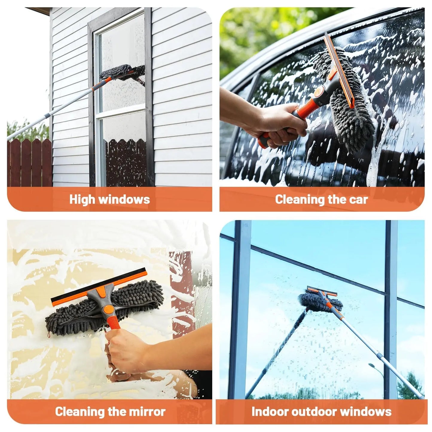 Eazer 2-in-1 Window Cleaner Tool with 64'' Squeegee and Telescopic Pole - Rotatable Bendable Head Window Washing Kit