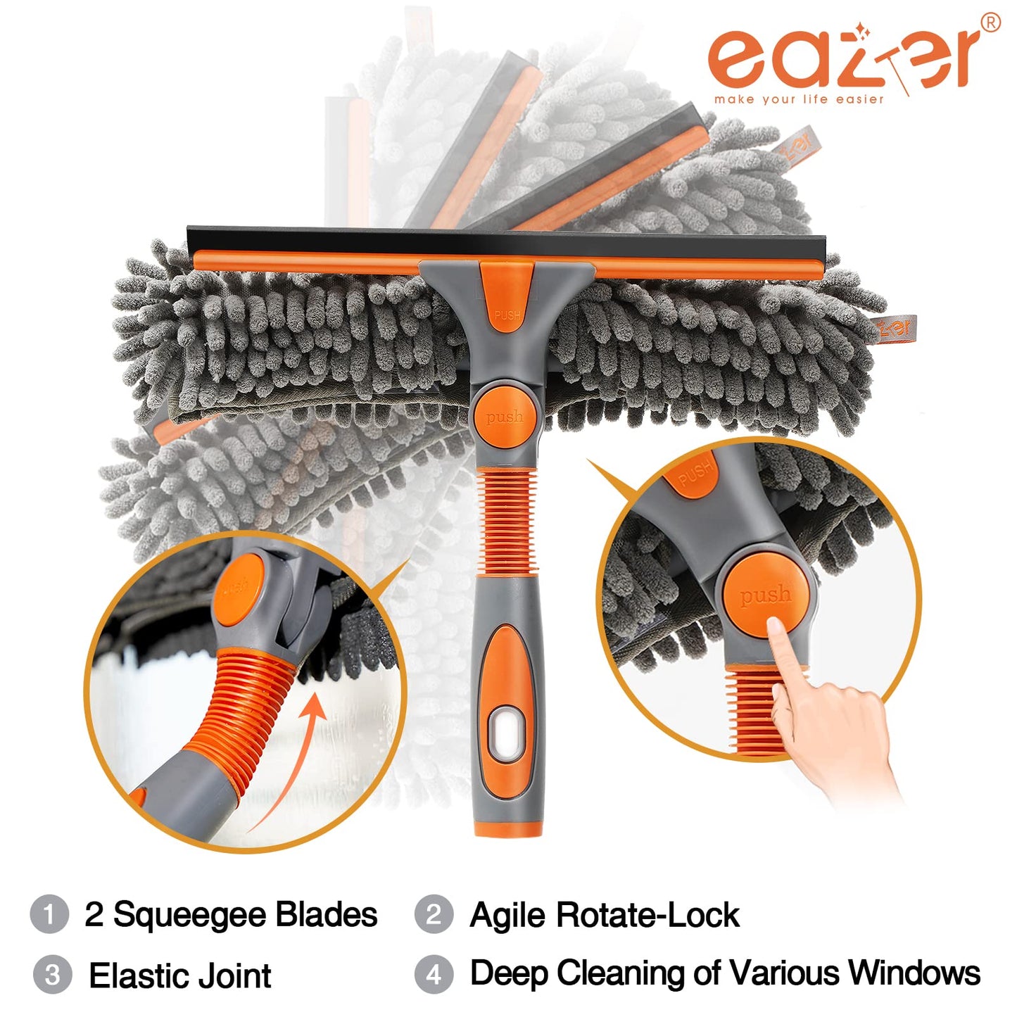 Eazer Window Squeegee and Scrubber Combo Tool Kit with 2 Squeegee Blades and 2 Cleaning Pads for Effective Window and Glass Cleaning - Pole Not Included