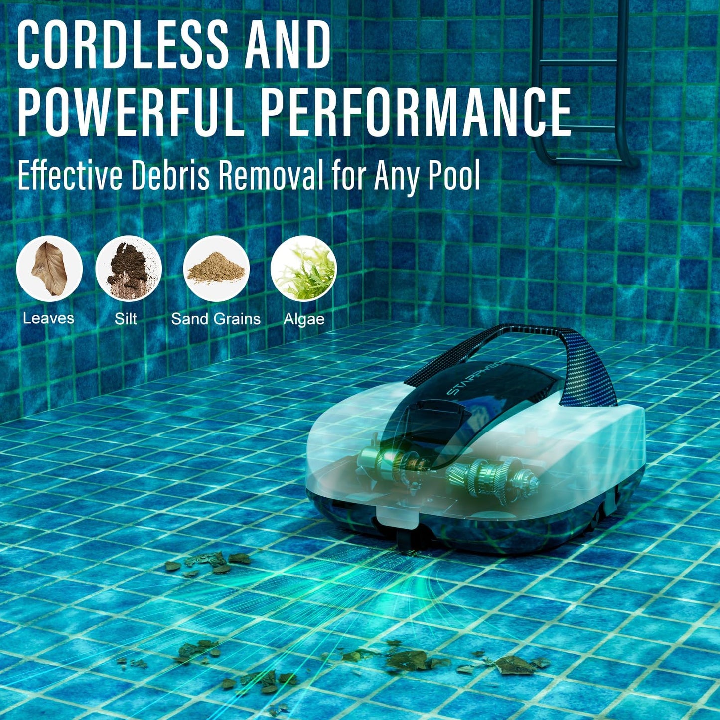 Starrybot Cordless Robotic Pool Cleaner - Self-Parking, 150Mins Runtime for Pools Up to 900 Sq.Ft, Perfect for Above-Ground Pools