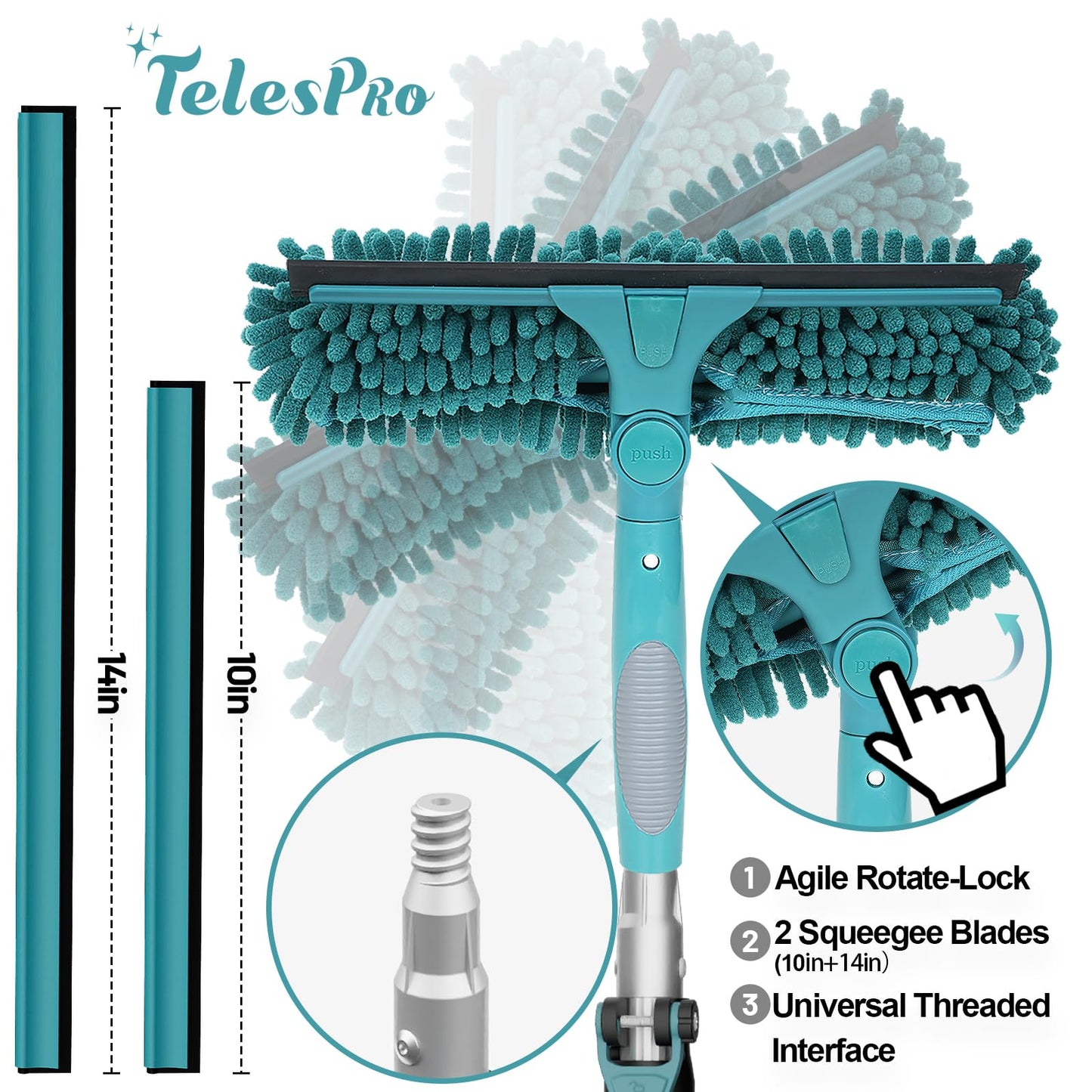 TelesPro 20 Feet Reach Window Squeegee with 5-12Ft Extension Pole, 3-Stage Telescoping Window Cleaner Tool, Rotatable Head Window Cleaning Kit with 2 Squeegees & 2 Microfibre Cloths