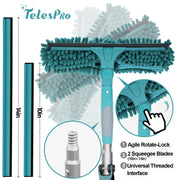 TelesPro 20 Feet Reach Window Squeegee with 5-12Ft Extension Pole, 3-Stage Telescoping Window Cleaner Tool, Rotatable Head Window Cleaning Kit with 2 Squeegees & 2 Microfibre Cloths