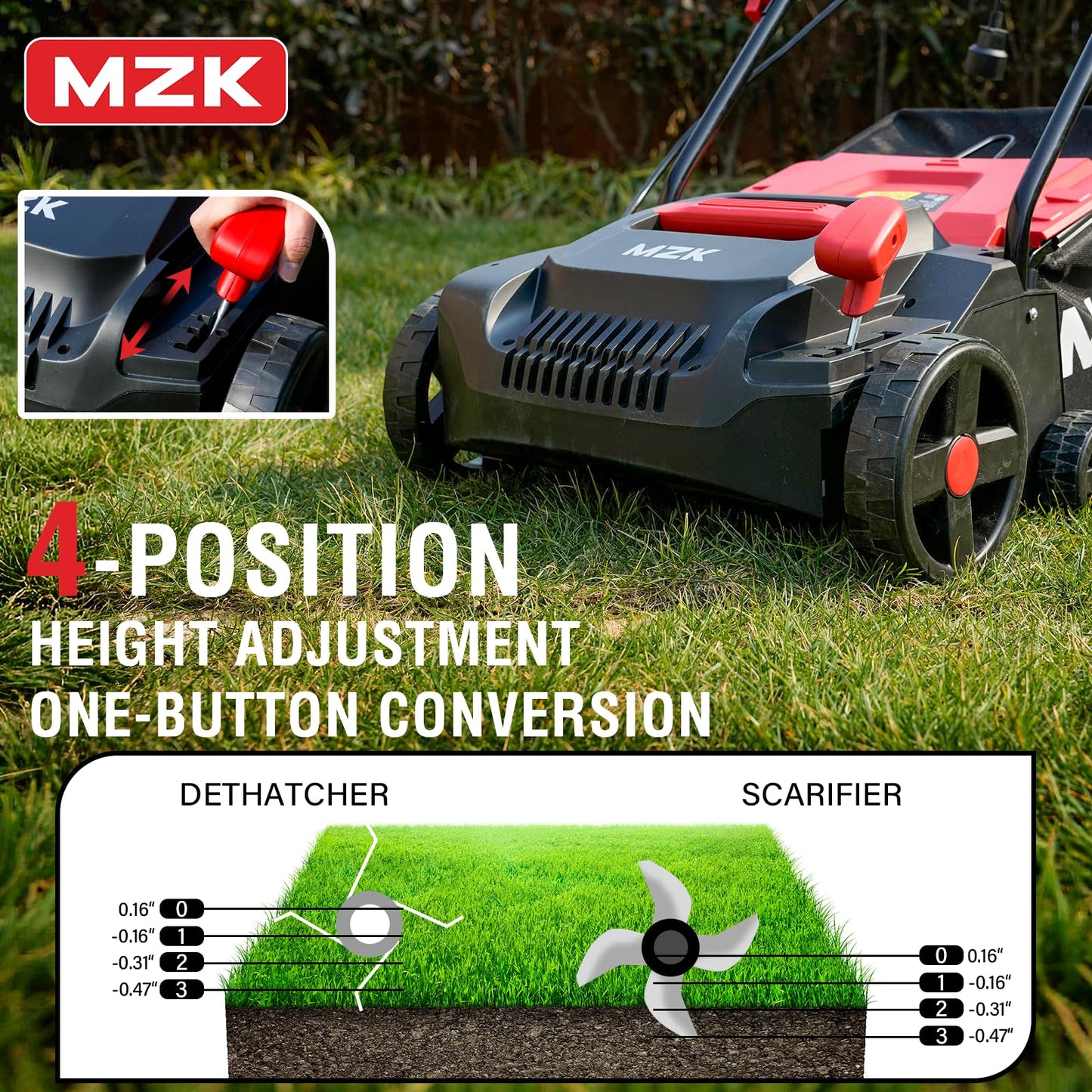 MZK 13-Inch 2-in-1 Electric Dethatcher and Scarifier with Removable 4-Position Height Adjustment and 8-Gallon Thatch Collection Bag for Optimal Lawn Health