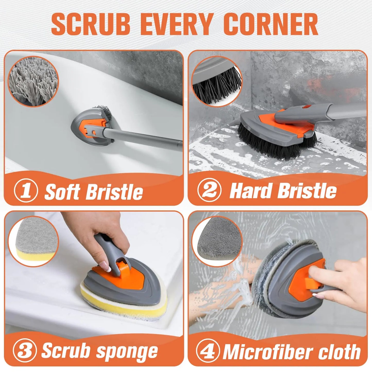 Eazer Long Handle Tub Scrubber - 4-in-1 Versatile Bathroom Cleaning Brush for Shower and Tub Efficient Cleaning