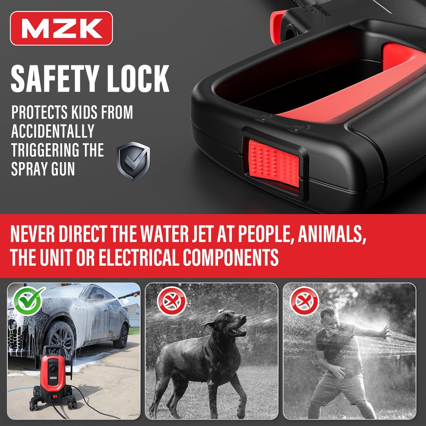 MZK Electric Pressure Washer 3.0 GPM with 360° Lockable Wheels, 4 Quick-Connect Nozzles & Foam Cannon for High-Pressure Cleaning of Cars, Fences, and Driveways