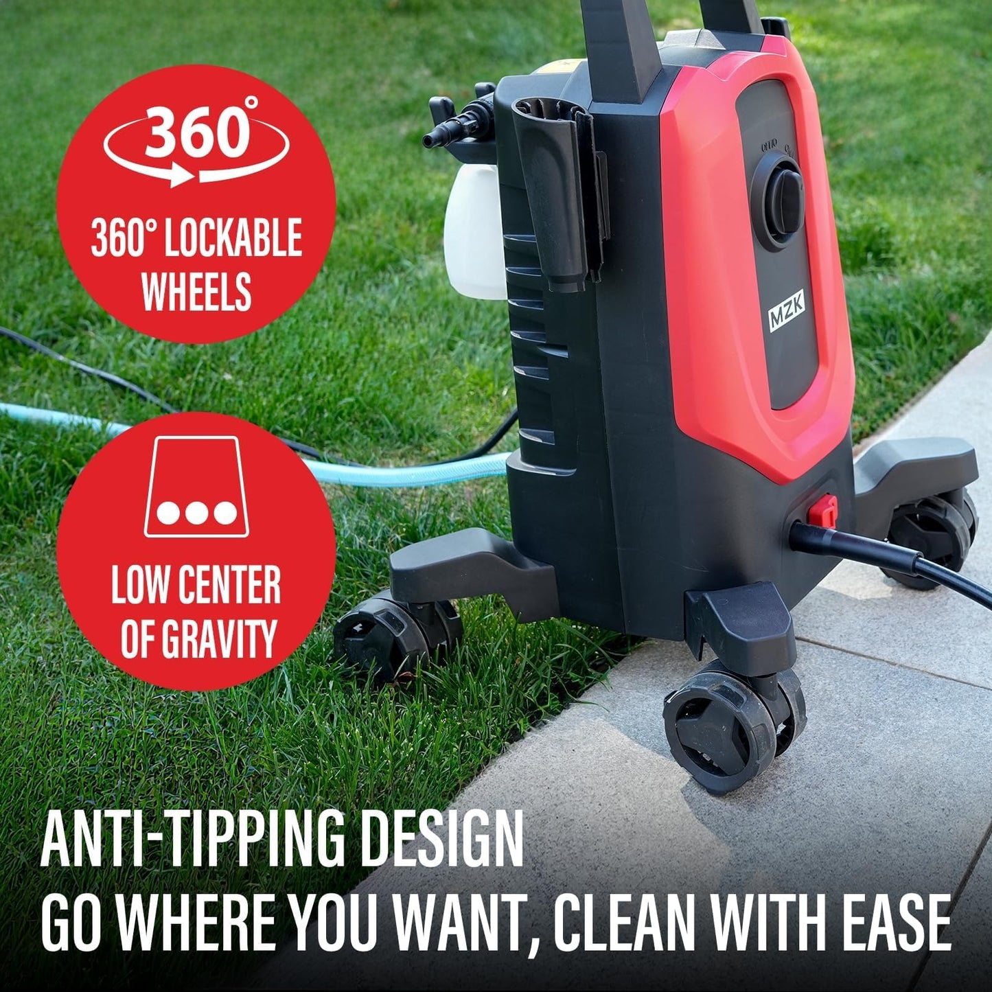 MZK Electric Pressure Washer 2600 Max PSI with Anti-Tipping, 4 Quick-Connect Nozzles & Foam Cannon for High-Pressure Cleaning