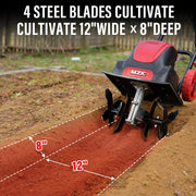 MZK 12-Inch Corded Electric Tiller with 10.5 Amp Power, 8-Inch Tilling Depth & Adjustable Wheels for Efficient Gardening