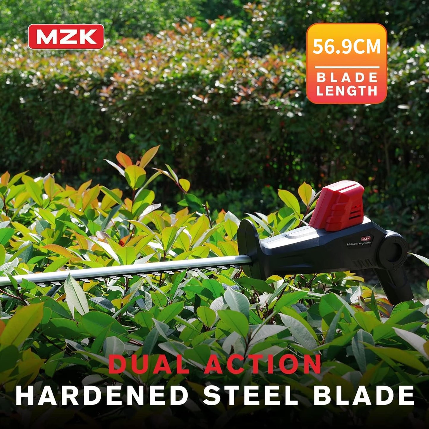 MZK Cordless Pole Hedge Trimmer Attachment - 20V MAX with 23-Inch Reach, 8-Feet Extension, Multi-Angle, Includes Two Batteries and Charger