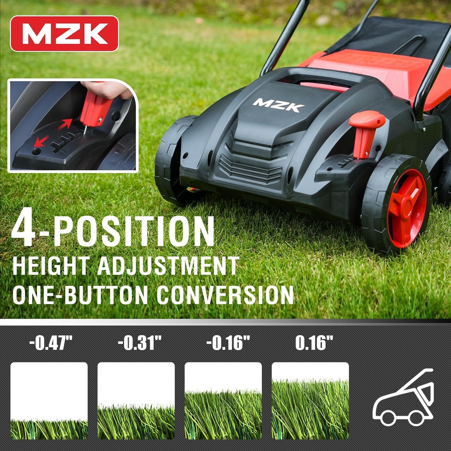 MZK 13-Inch 2-in-1 Electric Dethatcher and Scarifier with 4-Position Height Adjustment and 8-Gallon Thatch Collection Bag for a Healthy Lawn