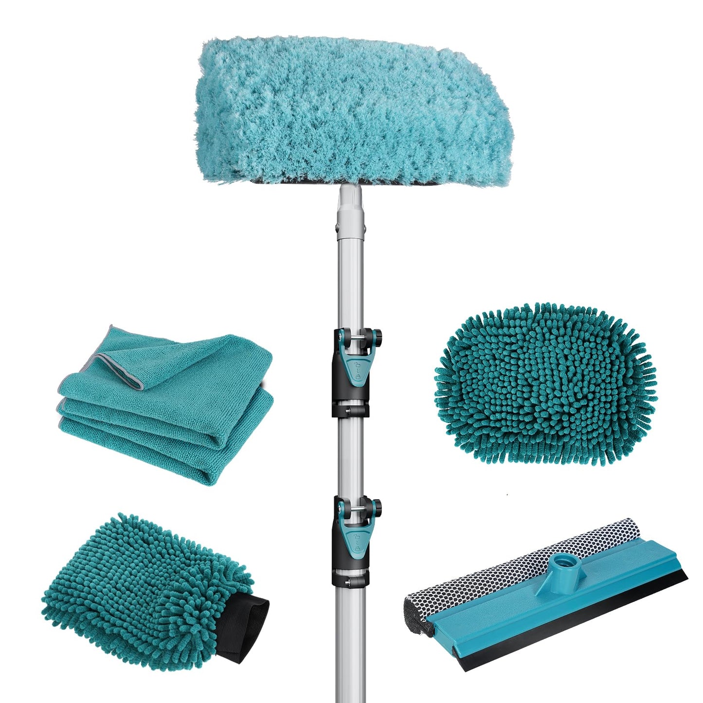 TelesPro 12FT Car Wash Brush Kit - Long Handle Soft Brush, Tire Brush, Window Squeegee, Microfiber Head & Mitt for Cars, Trucks, SUVs, RVs, and Home Cleaning