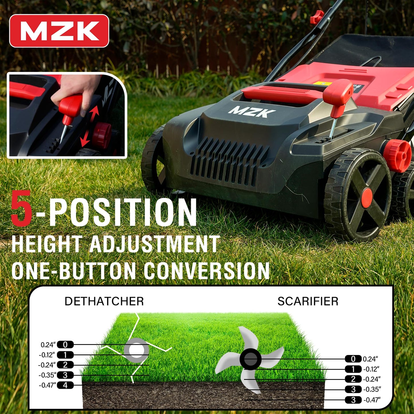 MZK 15-Inch 2-in-1 Electric Dethatcher and Scarifier with Removable 5-Position Height Adjustment and 12-Gallon Thatch Collection Bag for Healthy Lawns (DS15A06)