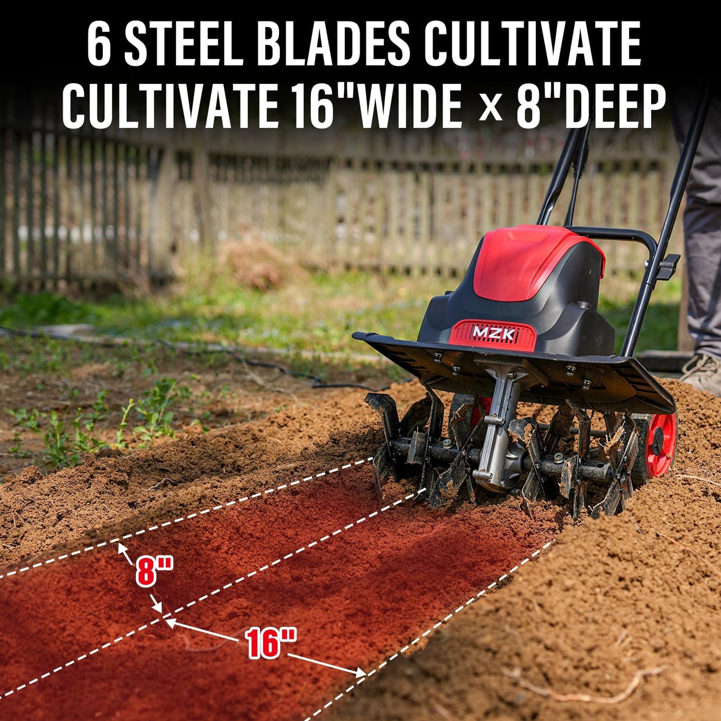MZK 16-Inch Corded Electric Tiller 13.5-Amp with 8-Inch Tilling Depth, Adjustable Wheels & Foldable Design for Lawn, Yard & Garden Soil Cultivation - TC16A08