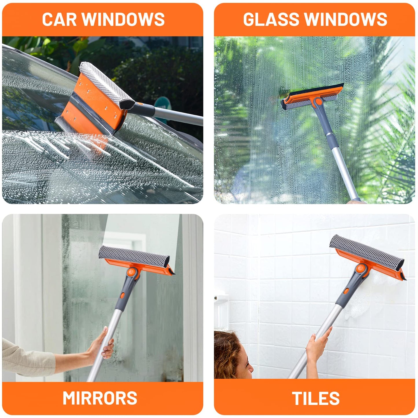 eazer Professional Window Squeegee - 2-in-1 Rotatable Window Cleaning Tool with Extension Pole (20''-30'') for Shower and Windshield Cleaning