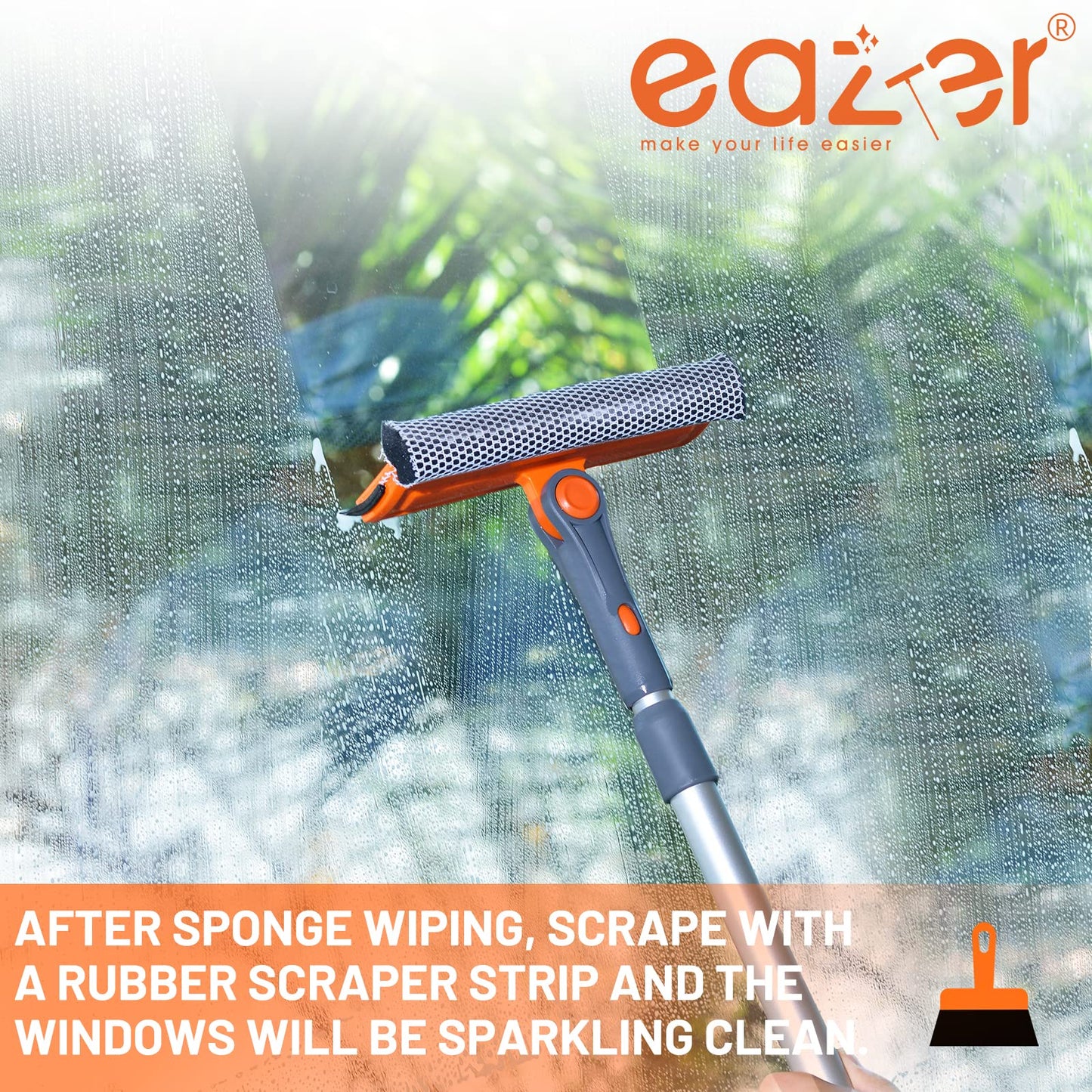 eazer Professional Window Squeegee - 2-in-1 Rotatable Window Cleaning Tool with Extension Pole (20''-30'') for Shower and Windshield Cleaning