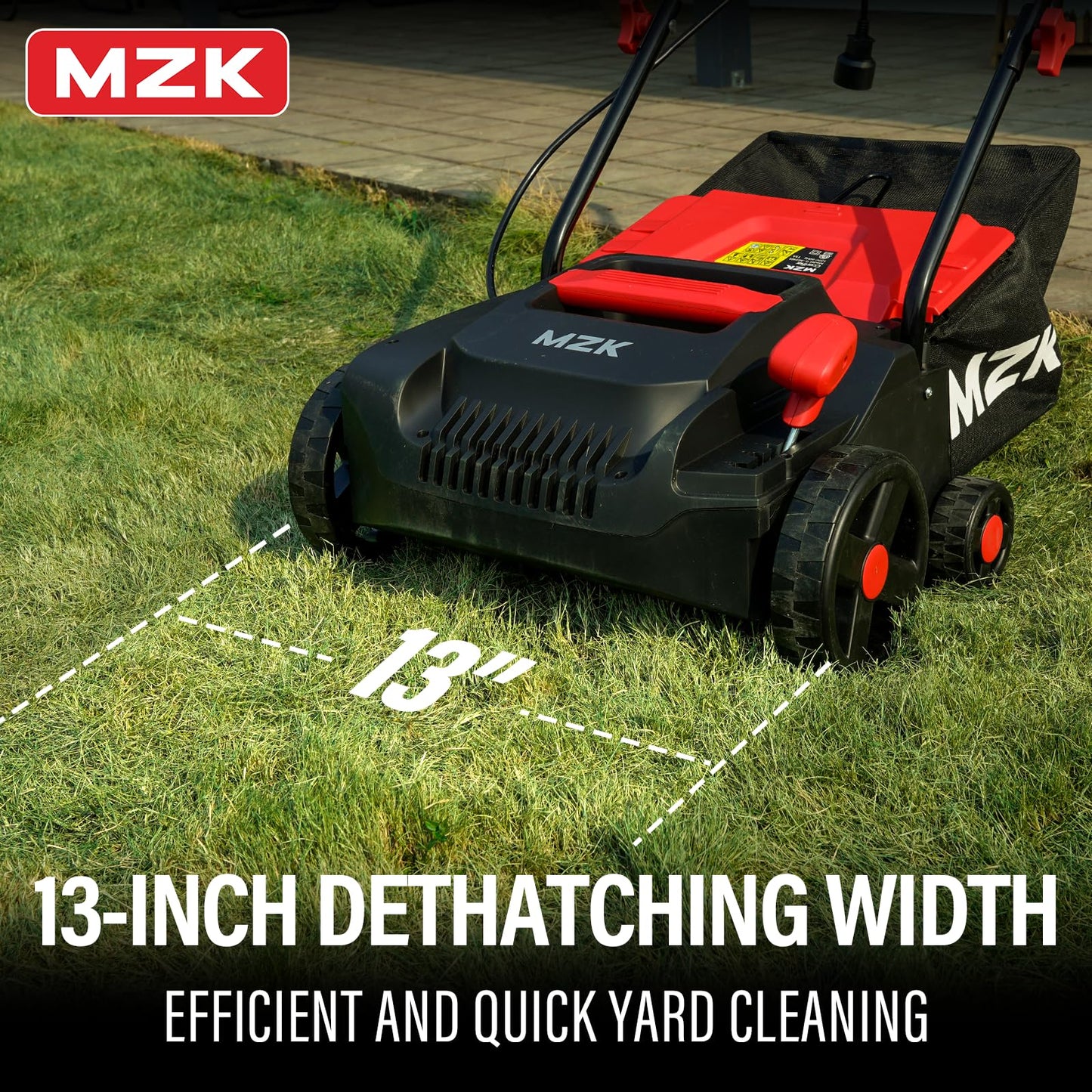 MZK 13-Inch 2-in-1 Electric Dethatcher and Scarifier with Removable 4-Position Height Adjustment and 8-Gallon Thatch Collection Bag for Optimal Lawn Health