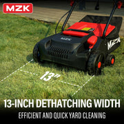 MZK 13-Inch 2-in-1 Electric Dethatcher and Scarifier with Removable 4-Position Height Adjustment and 8-Gallon Thatch Collection Bag for Optimal Lawn Health