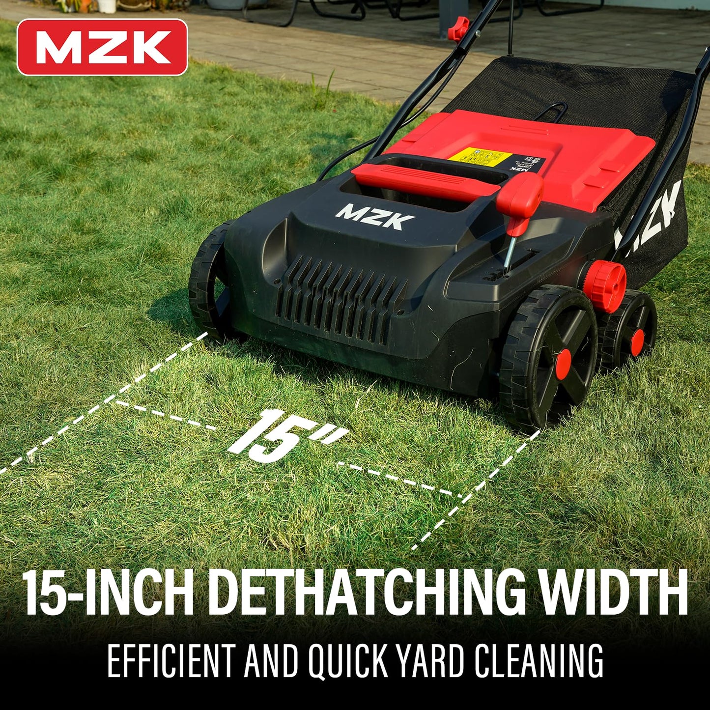 MZK 15-Inch 2-in-1 Electric Dethatcher and Scarifier with Removable 5-Position Height Adjustment and 12-Gallon Thatch Collection Bag for Healthy Lawns (DS15A06)